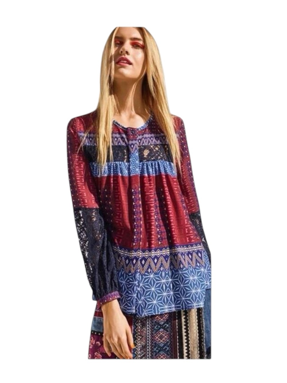 Desigual 𑁍 Mona Fucsias Boho Lace Sleeve Printed Button Down Shirt 𑁍 Blue Pink - Picture 4 of 16
